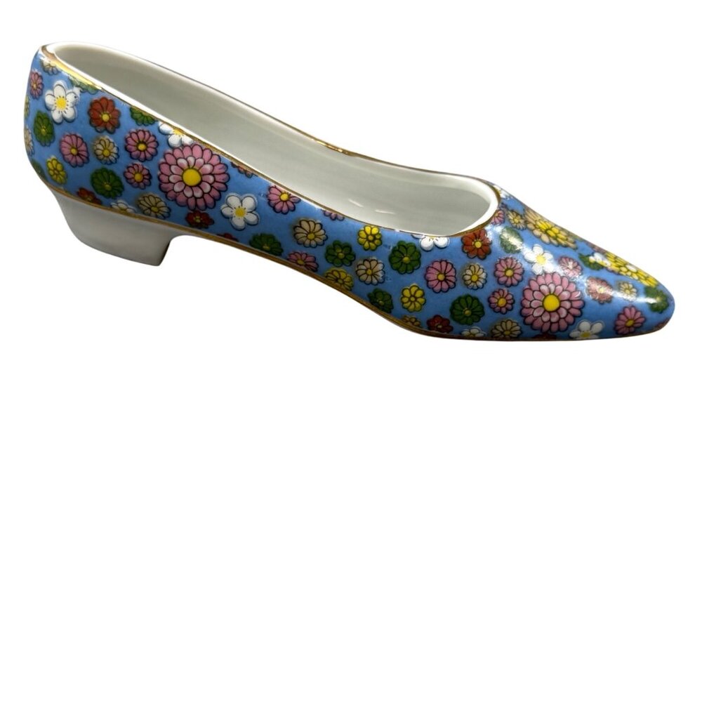 Vintage Ceramic Floral Kitten Heel Shoe Trinket Holder Decor Planter Collectible